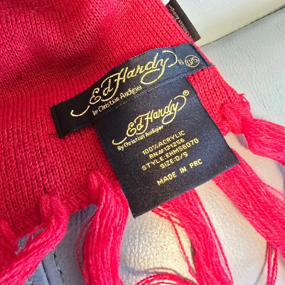 Ed Hardy Christian Audigier Red Tiger Knit Scarf Y2K Streetwear Fringe EHMS6070‎